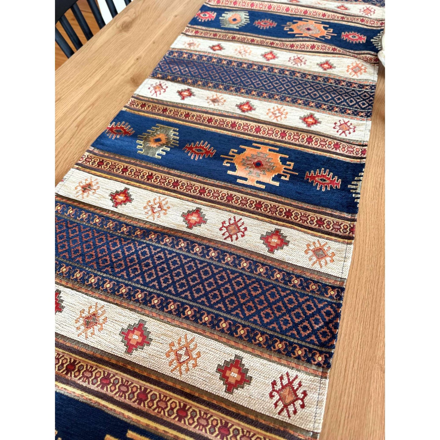 Camino de mesa 2 m kilim azul y beige