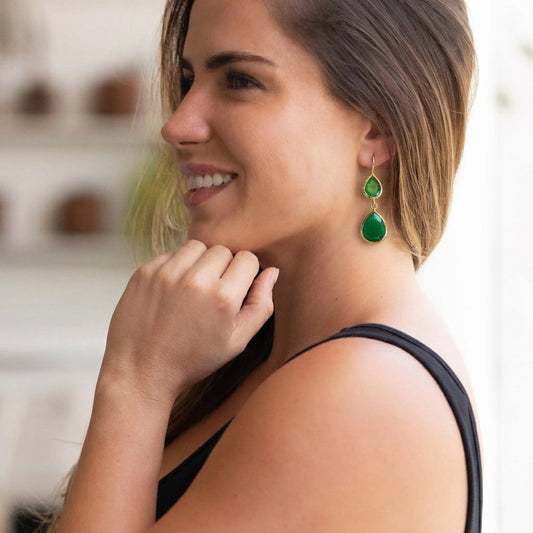 Aros Doble Aura Verde esmeralda - Baño de oro 22k