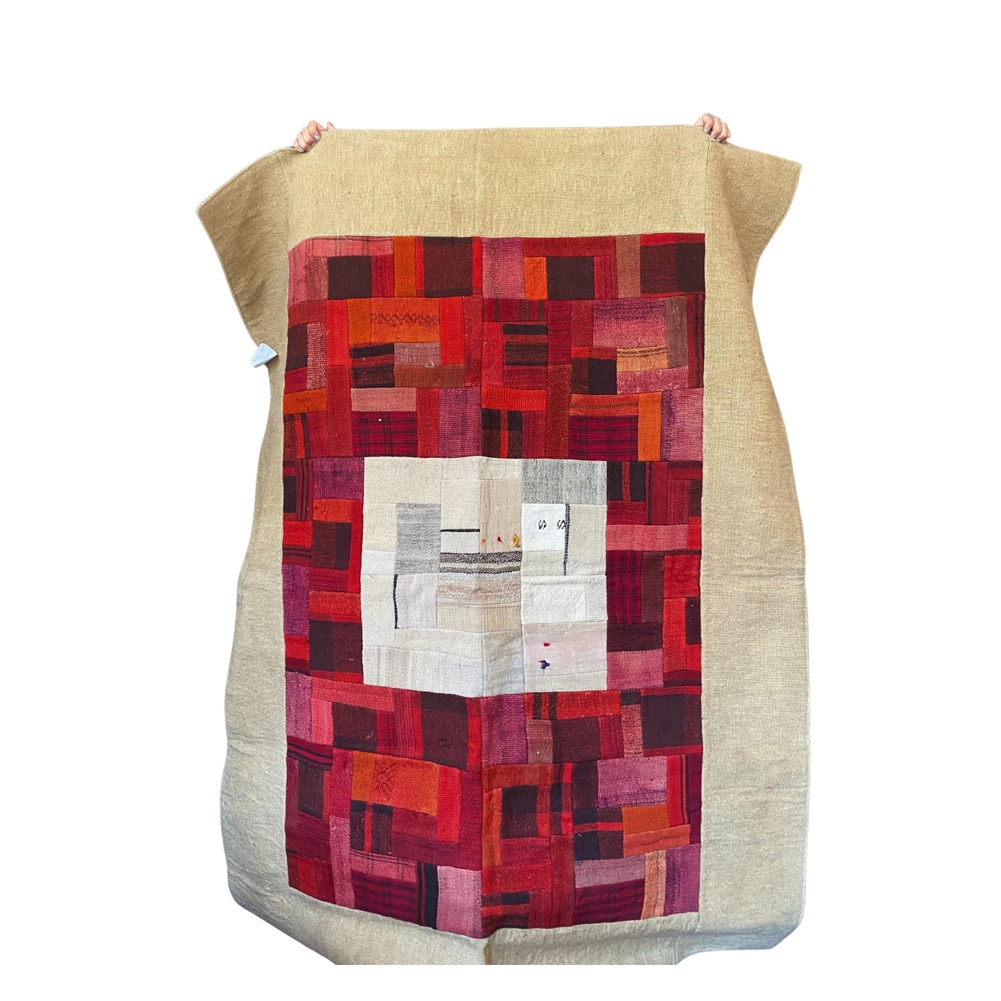 Alfombra patchwork lana 1,87x1,40 roja y beige