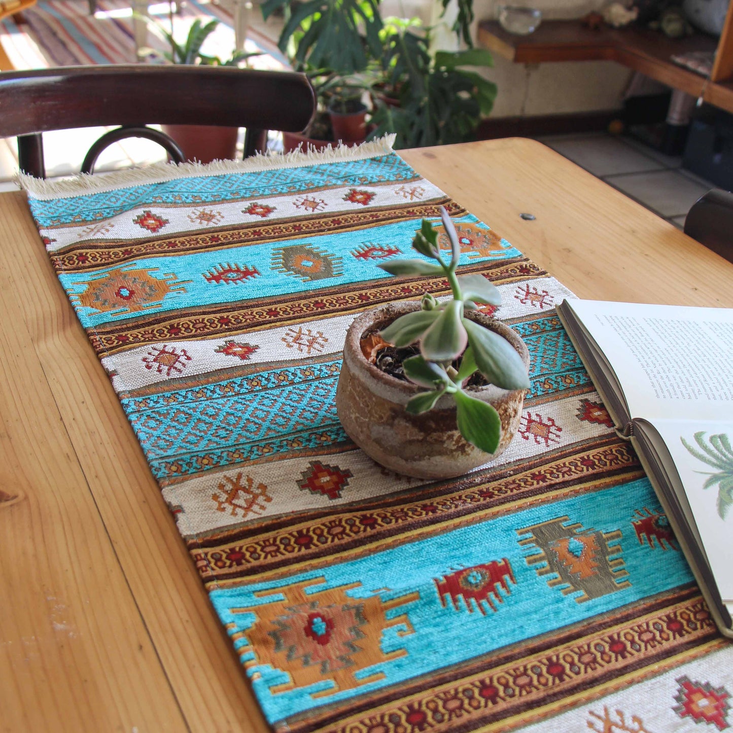 Camino de mesa 2 m Kilim turquesa y blanco