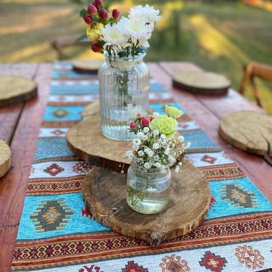 Camino de mesa 2 m Kilim turquesa y blanco