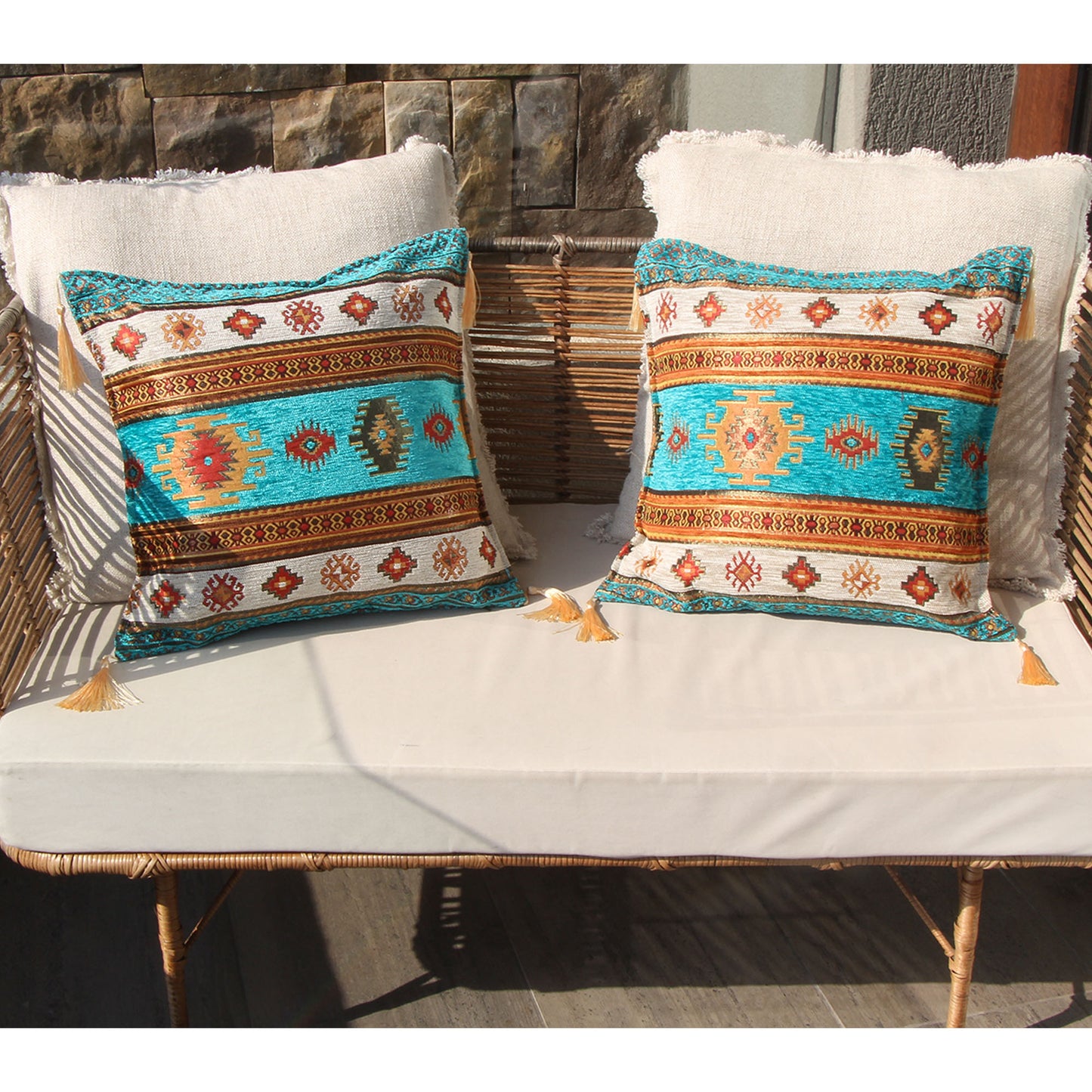 Cojín turco 44x44 Kilim Turquesa y Blanco