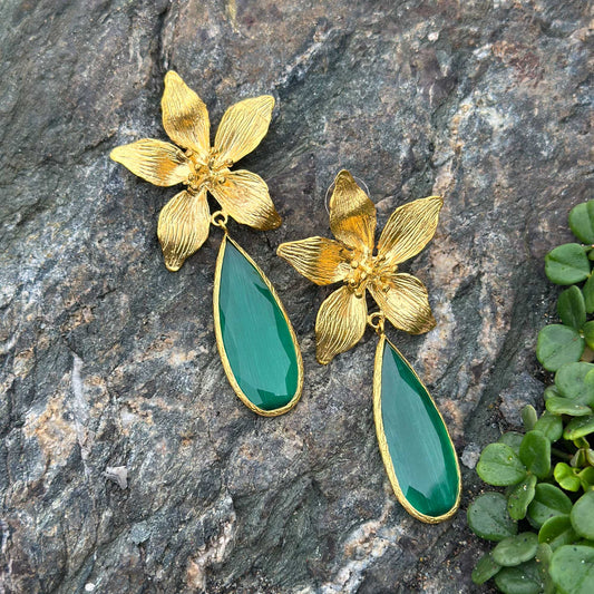 Aros Orquídea verde XL - Baño de oro 22k