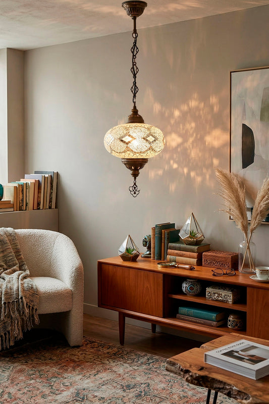 Lámpara turca colgante XL rombos blanca + ampolleta