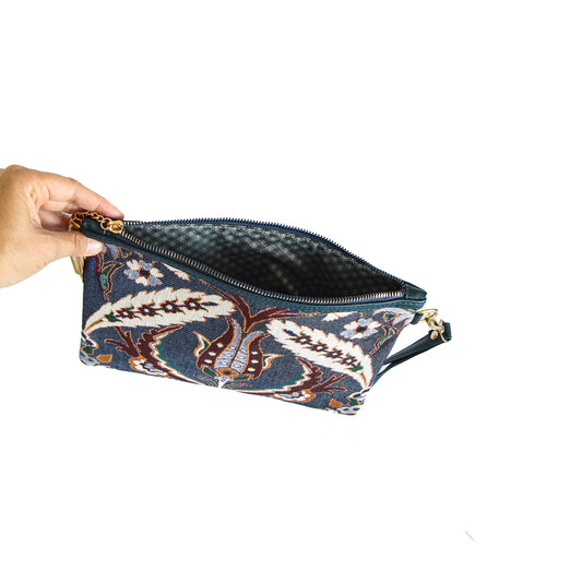 Cartera de Mano Turca Artesanal Diseño Otomano Tulipán Azul