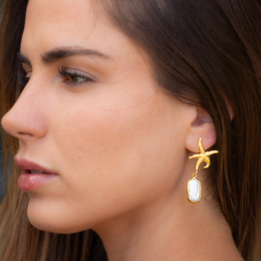 Aros Yildiz perla - Baño de oro 22k