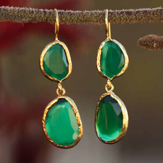 Aros Doble Aura Verde esmeralda - Baño de oro 22k