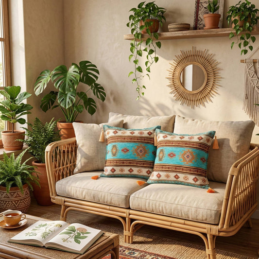 Cojín turco 44x44 Kilim Turquesa y Blanco