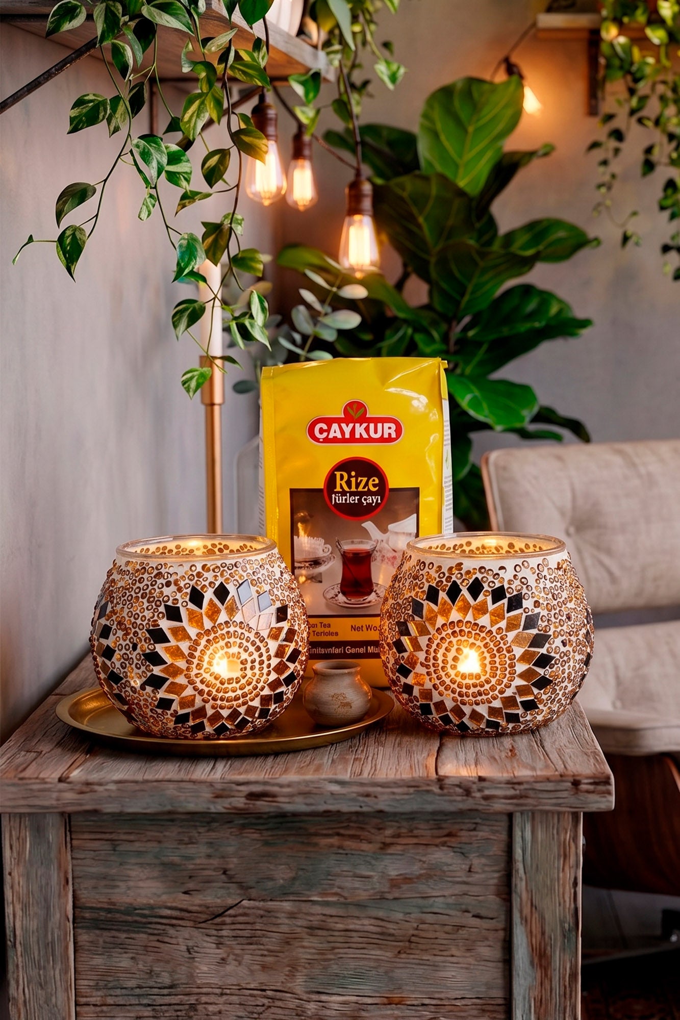 Pack Çay: Té tradicional turco + 2 Portavelas de mosaico + Velitas