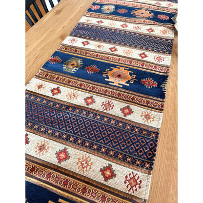 Camino de mesa 1,40 m kilim azul y blanco