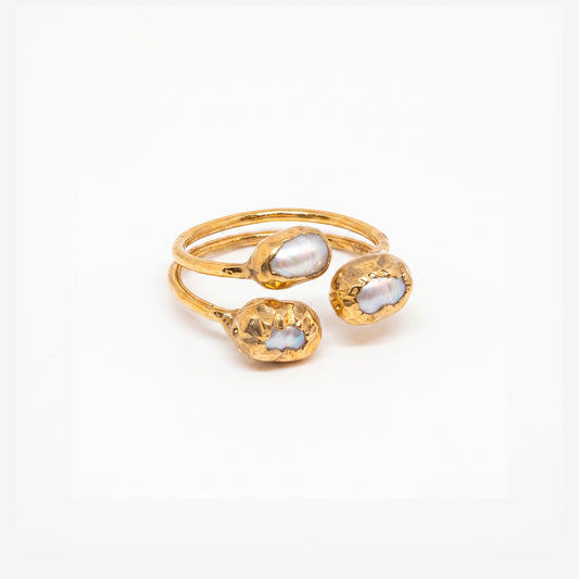 Anillo ajustable triple perla - Baño de oro 22 k