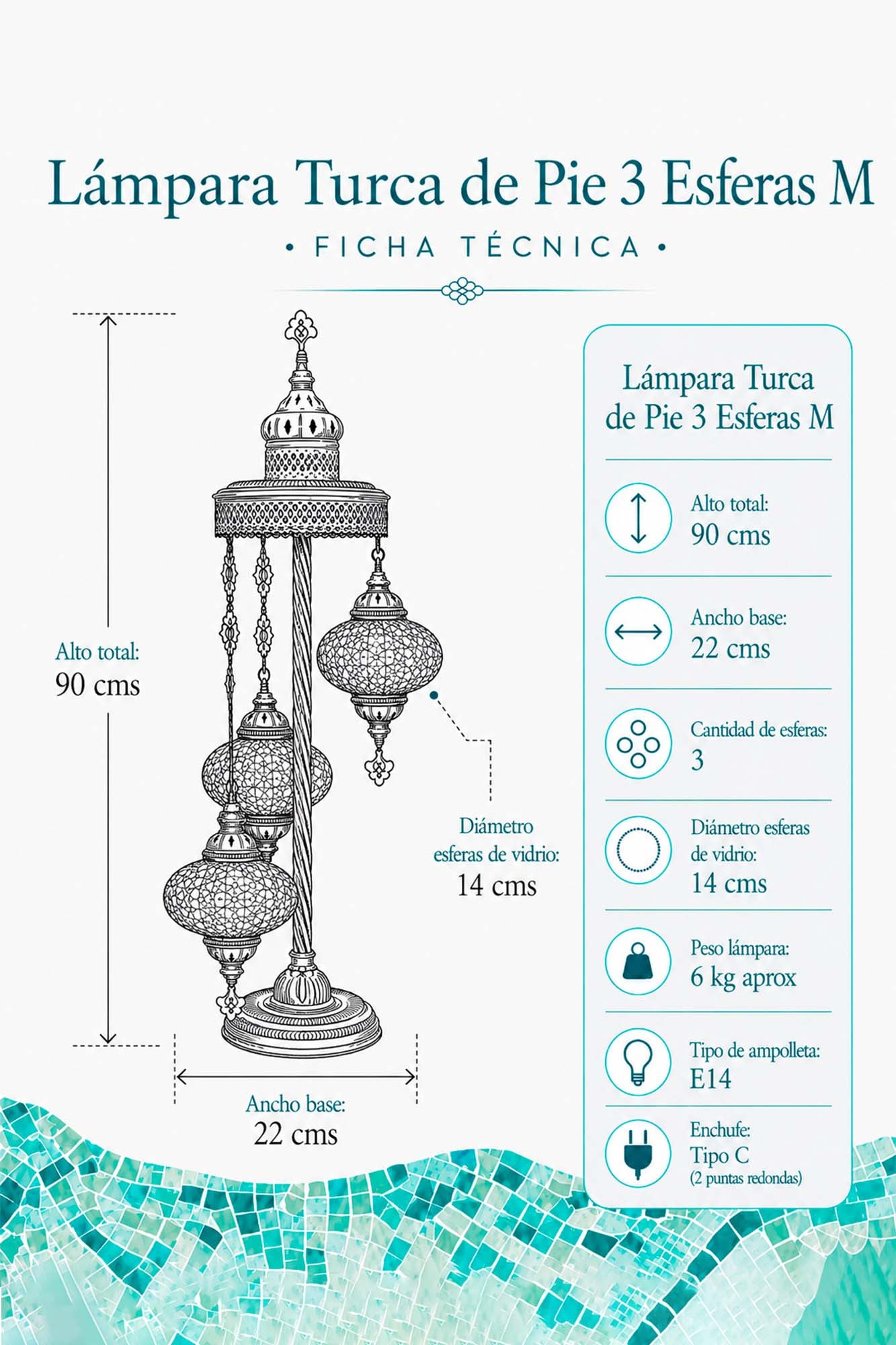 Lámpara turca de pie de 3 esferas M naranja + ampolletas