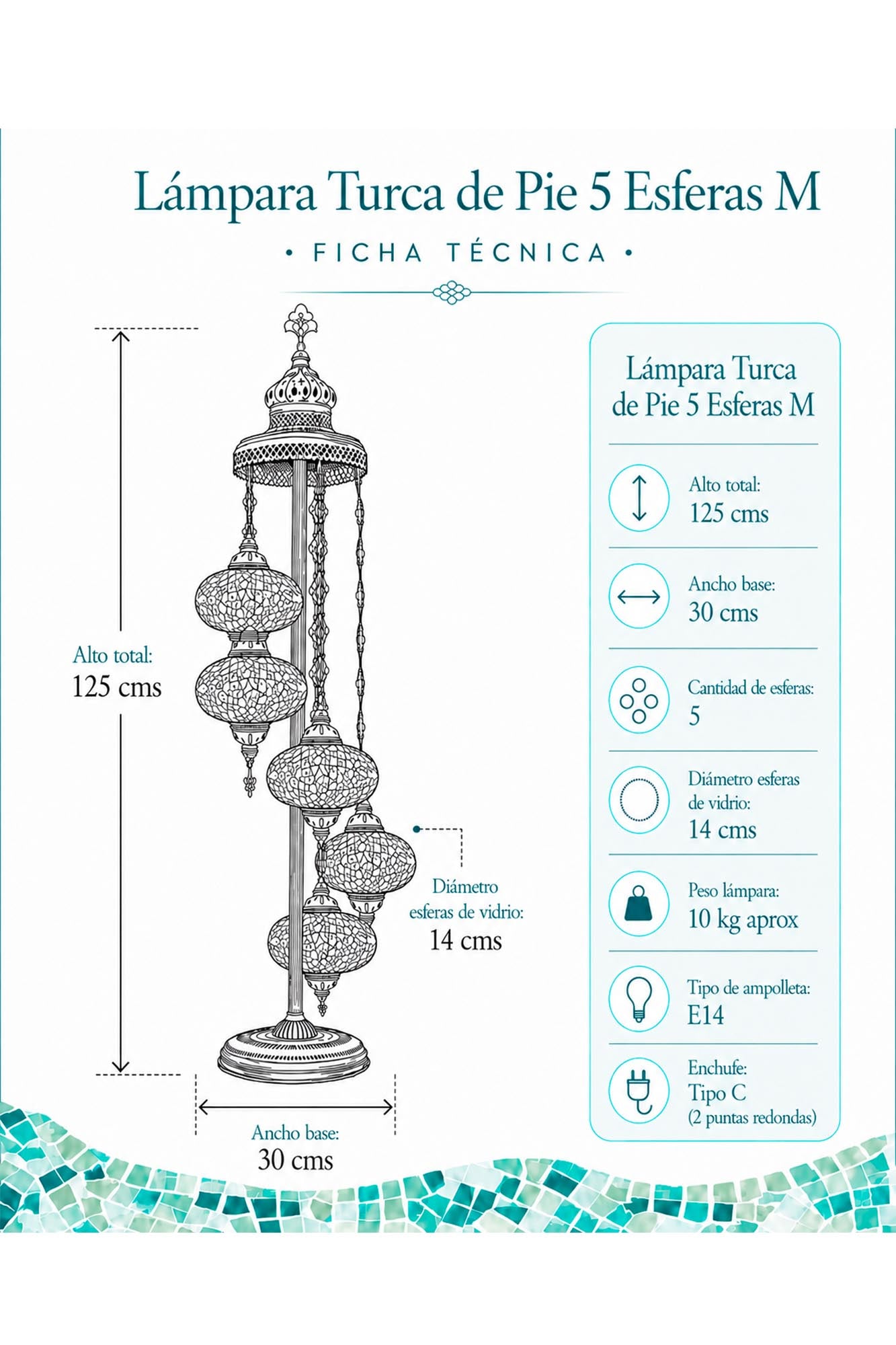 Lámpara turca de pie de 5 esferas M multicolores + ampolletas