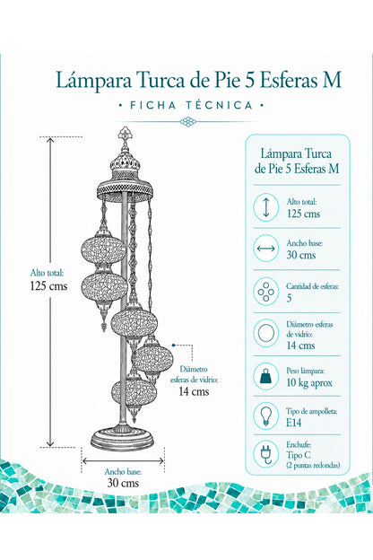 Lámpara turca de pie de 5 esferas M multicolores + ampolletas