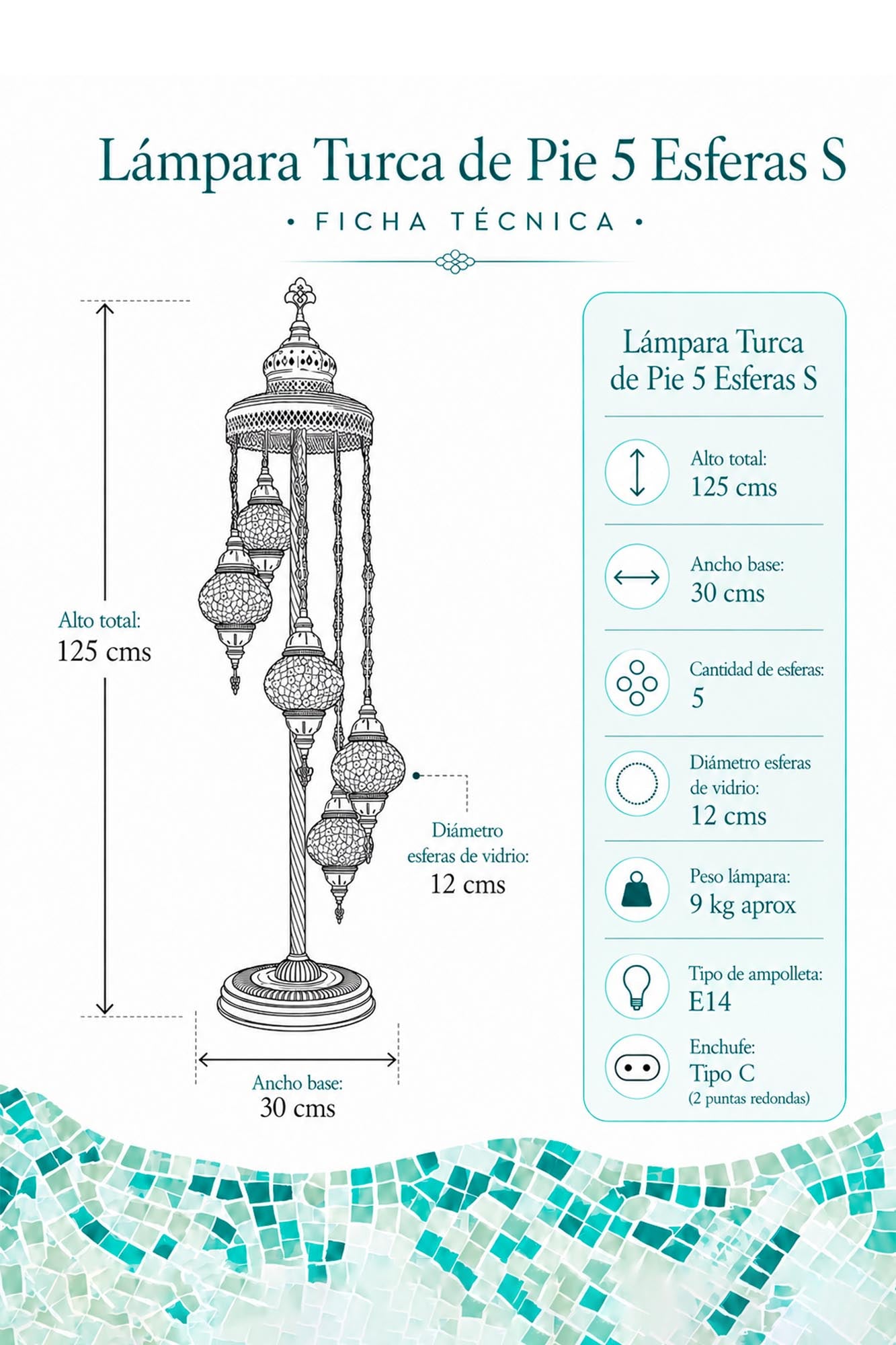 Lámpara turca de pie de 5 esferas S vitral + ampolletas