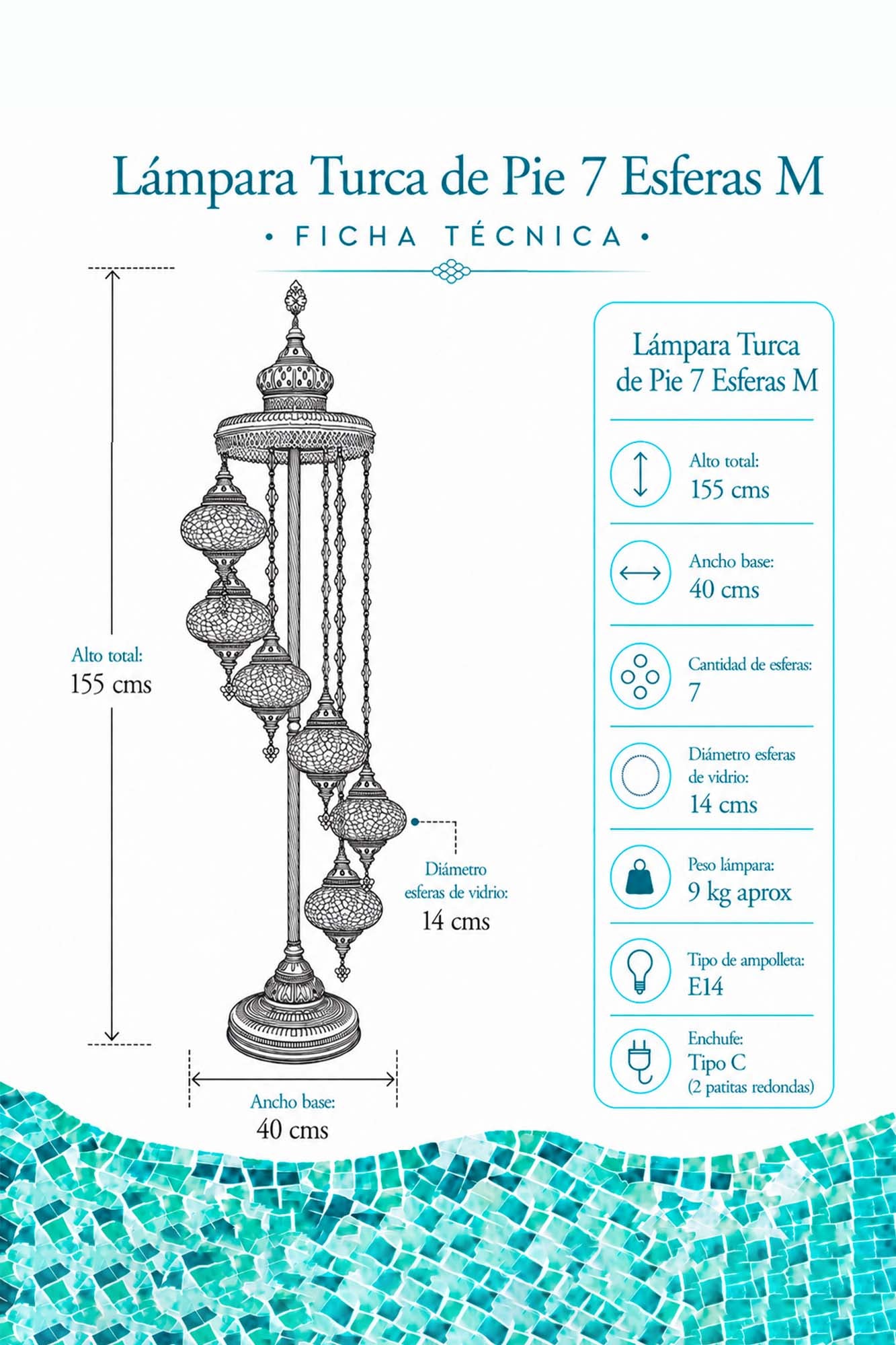 Lámpara de pie turca de 7 esferas M mix + ampolletas