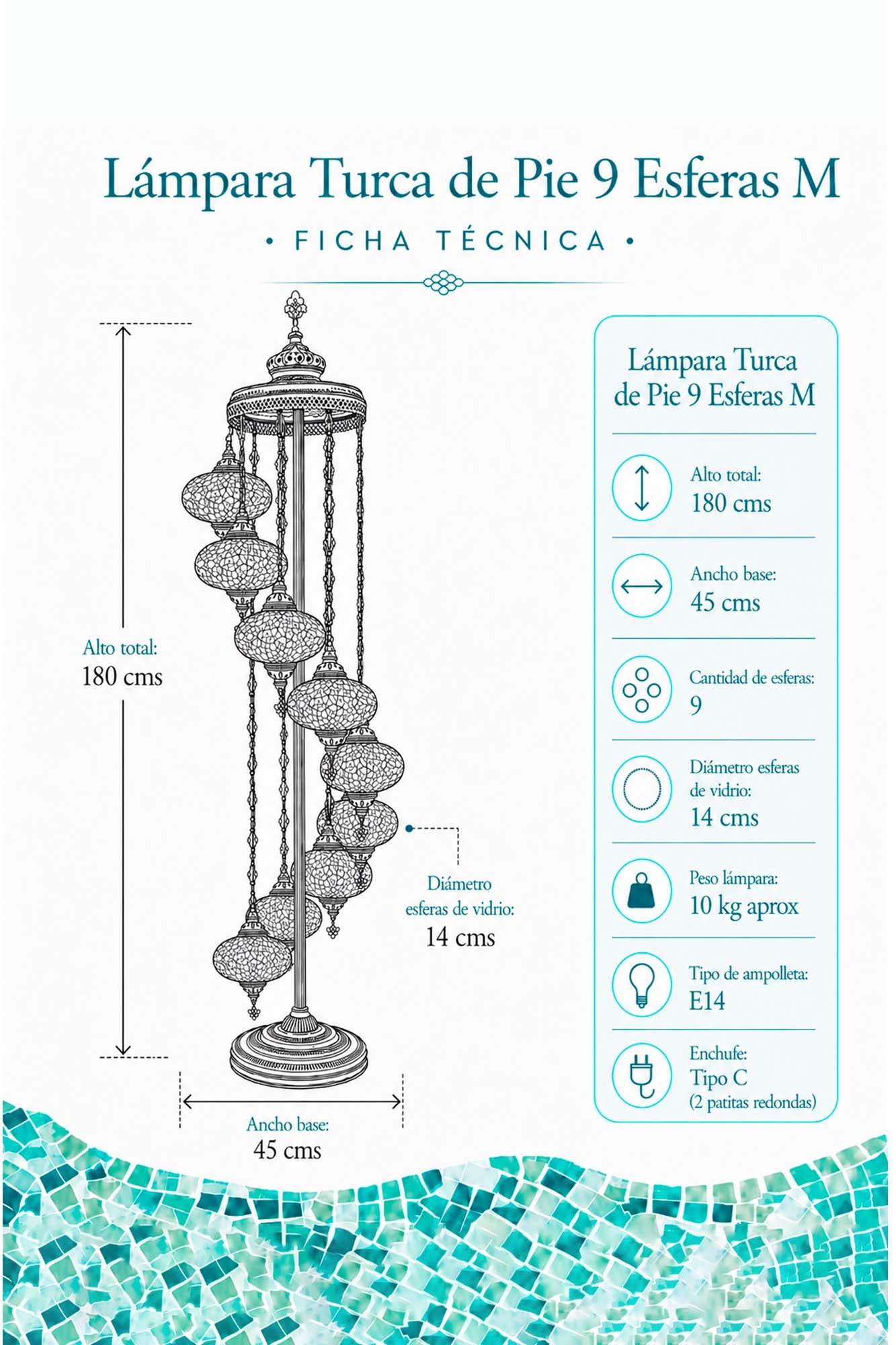 Lámpara turca de pie de 9 esferas M MIX + ampolletas