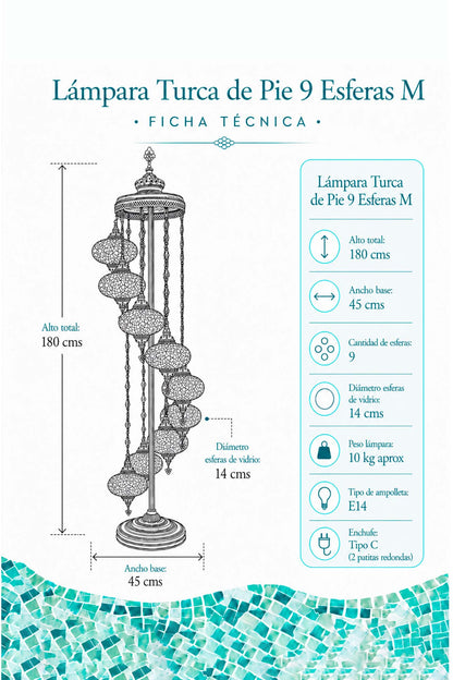 Lámpara turca de pie de 9 esferas M MIX + ampolletas