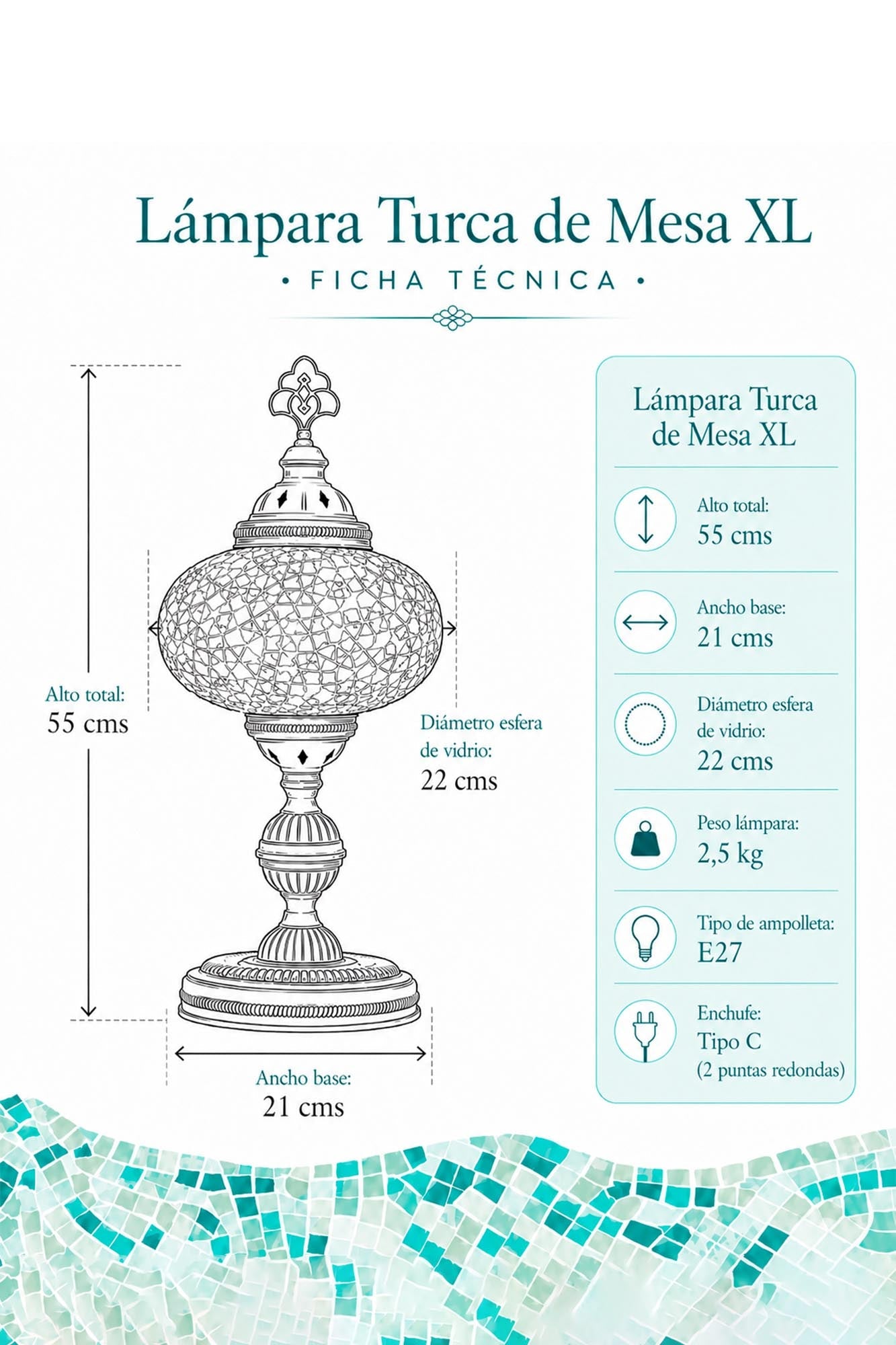 Ficha técnica lámpara turca de mesa XL