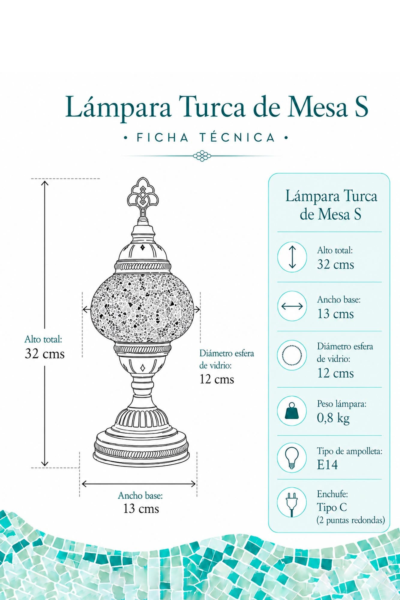 Lámpara turca de mesa S Olas blanca + ampolleta