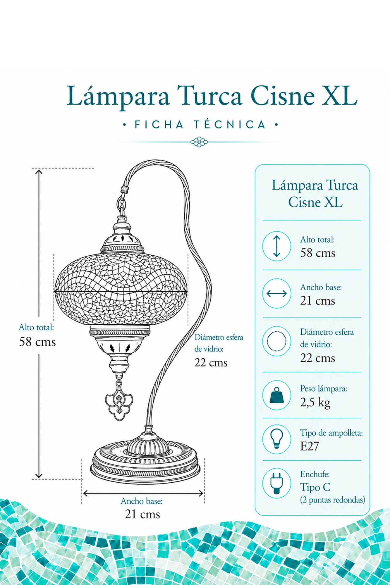 Lámpara turca de mesa cisne XL remolinos naranja + ampolleta