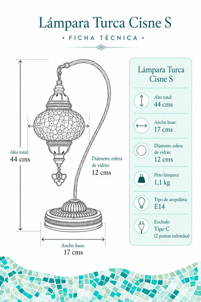 Ficha técnica lámpara turca cisne S: alto 44 cm, diámetro esfera 12 cm