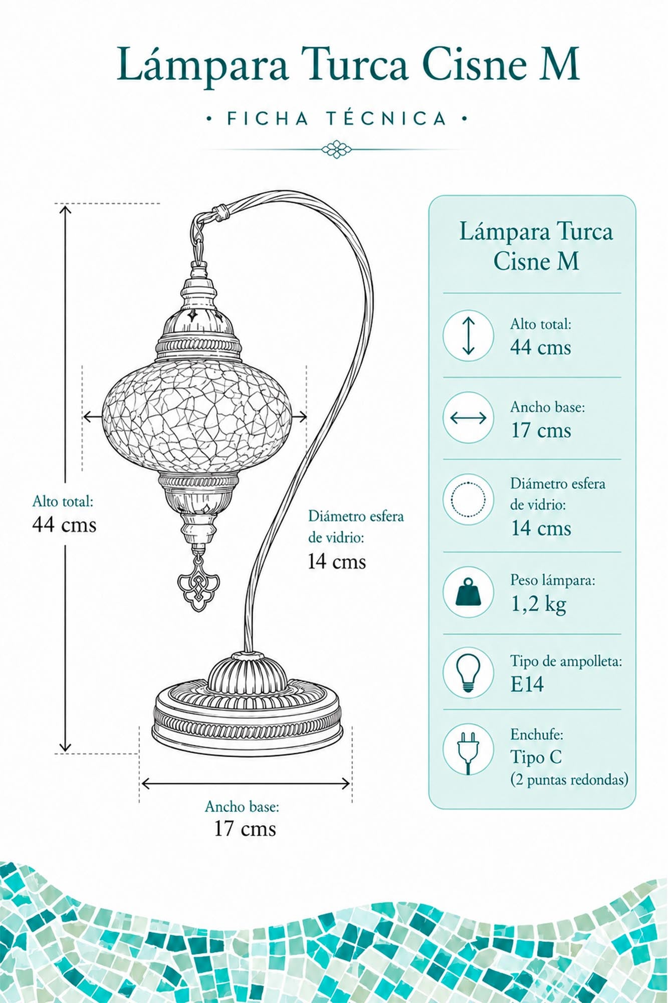 Lámpara turca cisne M turquesa y verde + ampolleta