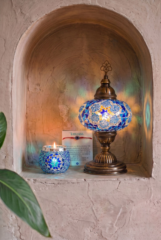 Pack lámpara turca de mesa M azul con portavela de mosaico