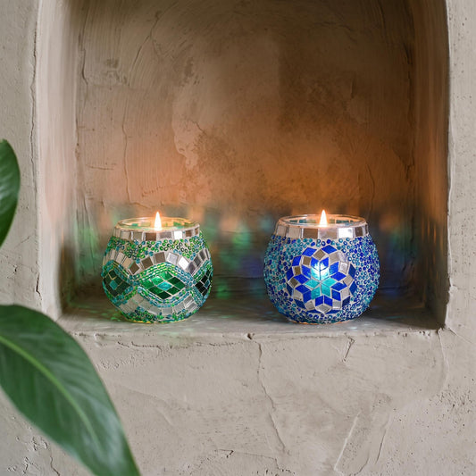 Par de portavelas de mosaico turco Azul y turquesa