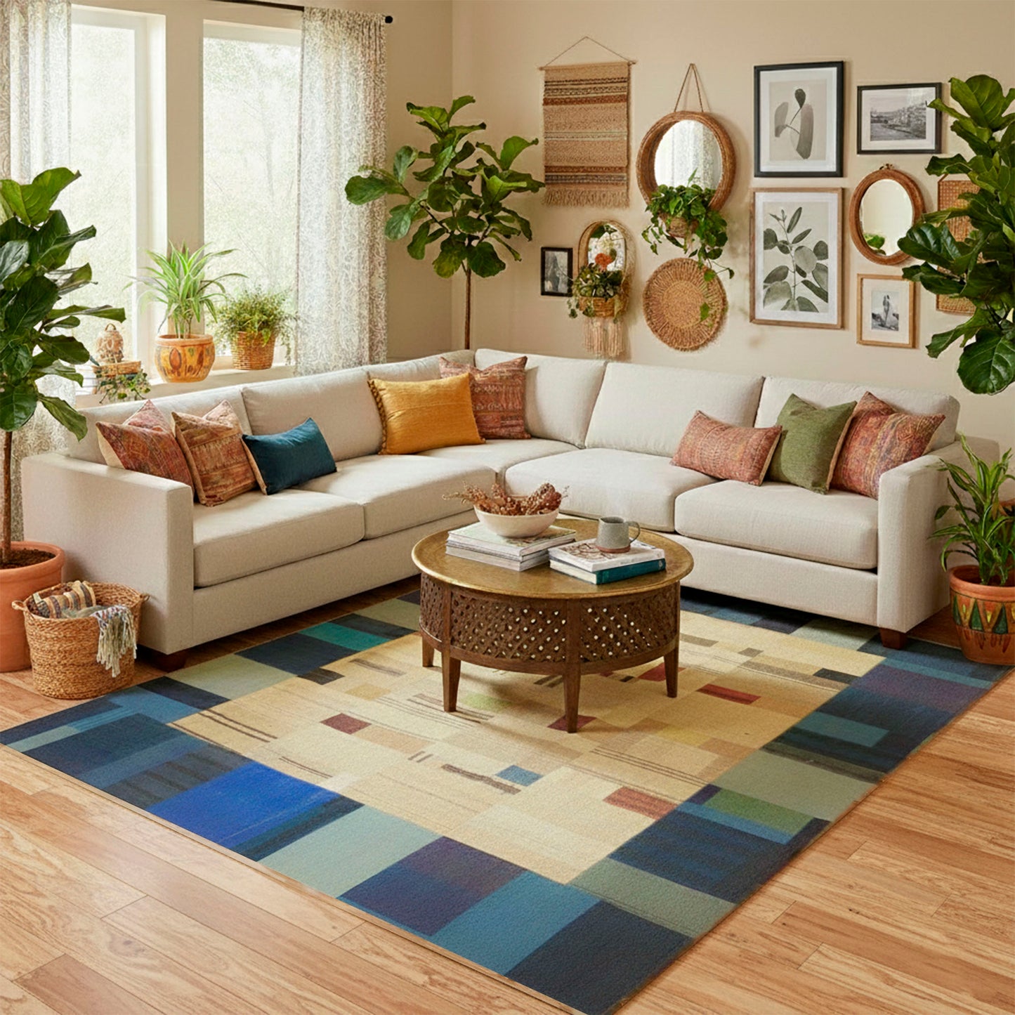 Alfombra patchwork grande de lana 2,65x2,24 m azul y beige