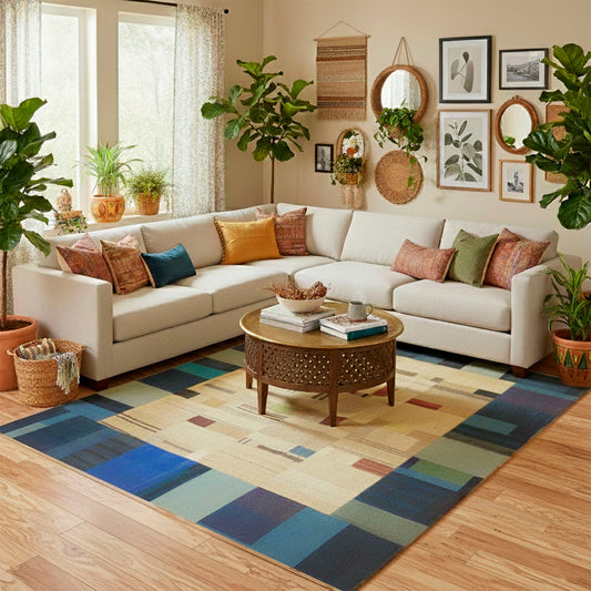 Alfombra patchwork grande de lana 2,65x2,24 m azul y beige