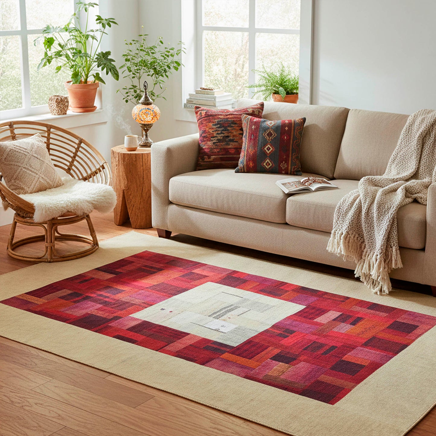 Alfombra patchwork lana 1,87x1,40 roja y beige