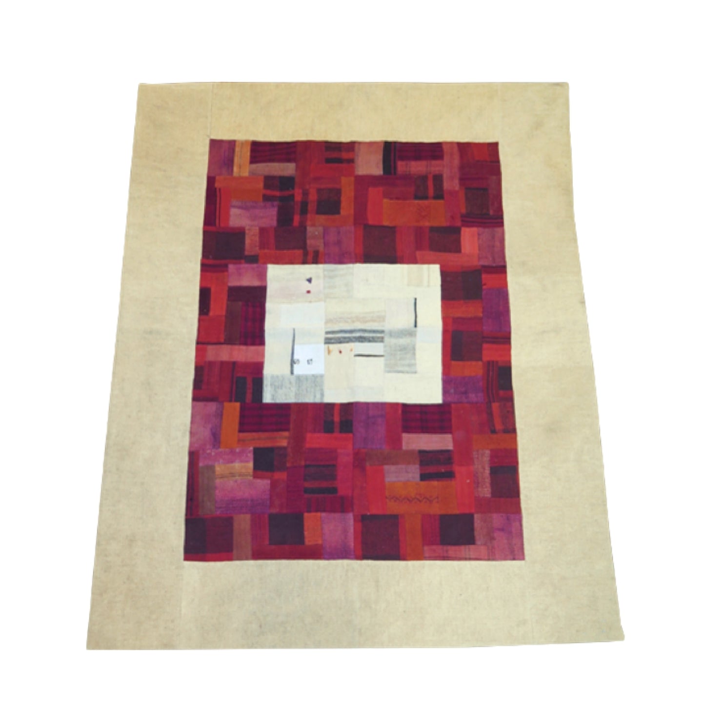 Alfombra patchwork lana 1,87x1,40 roja y beige