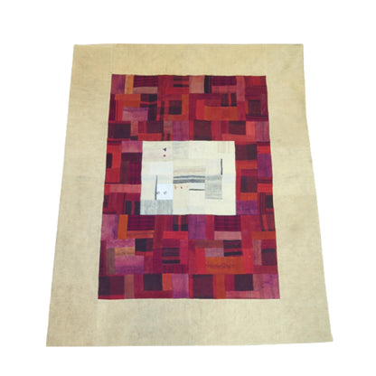 Alfombra patchwork lana 1,87x1,40 roja y beige
