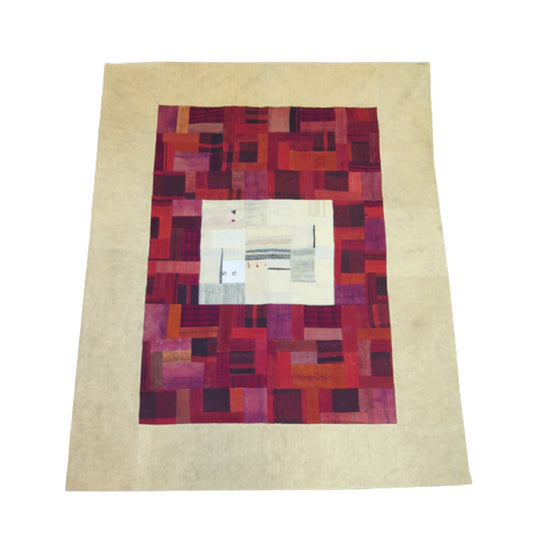 Alfombra patchwork lana 1,87x1,40 roja y beige