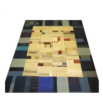 Alfombra patchwork grande de lana 2,65x2,24 m azul y beige