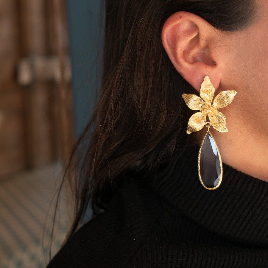 Aros Orquídea Negros XL - Baño de oro 22k