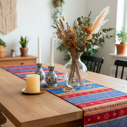 Camino de mesa 2 m kilim azul y rojo