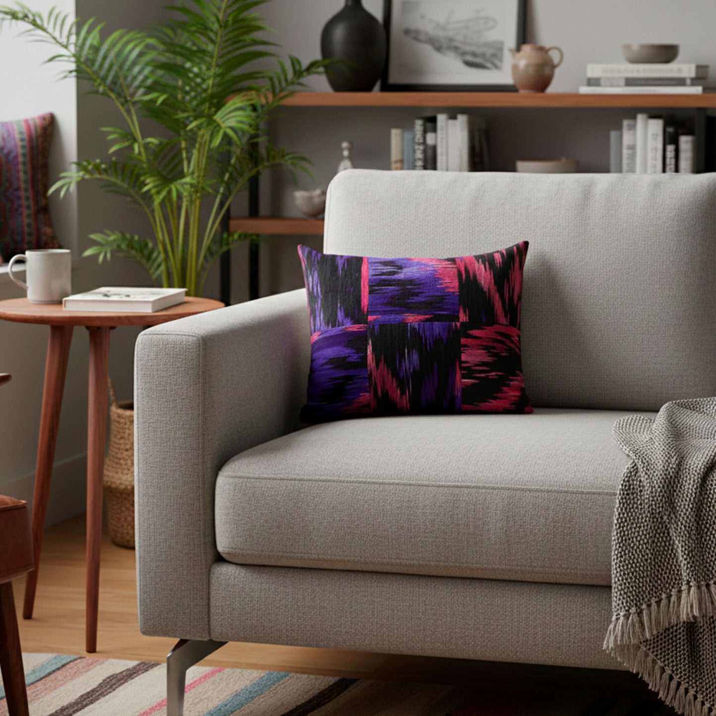 Cojín Ikat 50x40 cms patchwork fucsia y negro