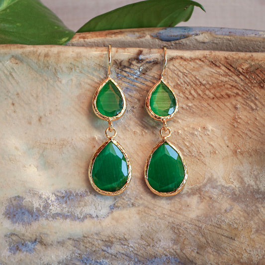 Aros Doble Aura Verde esmeralda - Baño de oro 22k