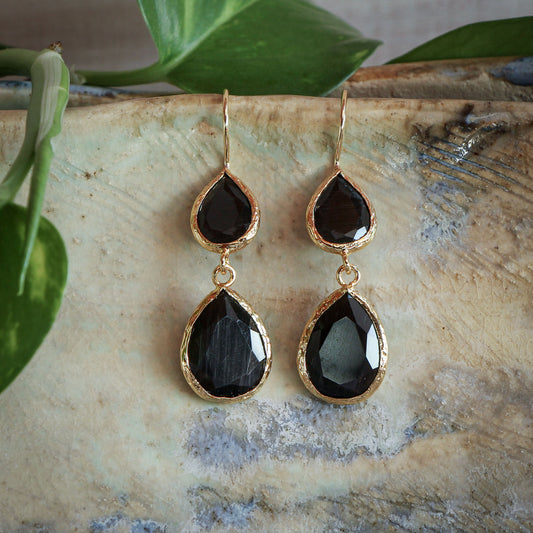 Aros Doble Aura Negro - Baño de oro 22k