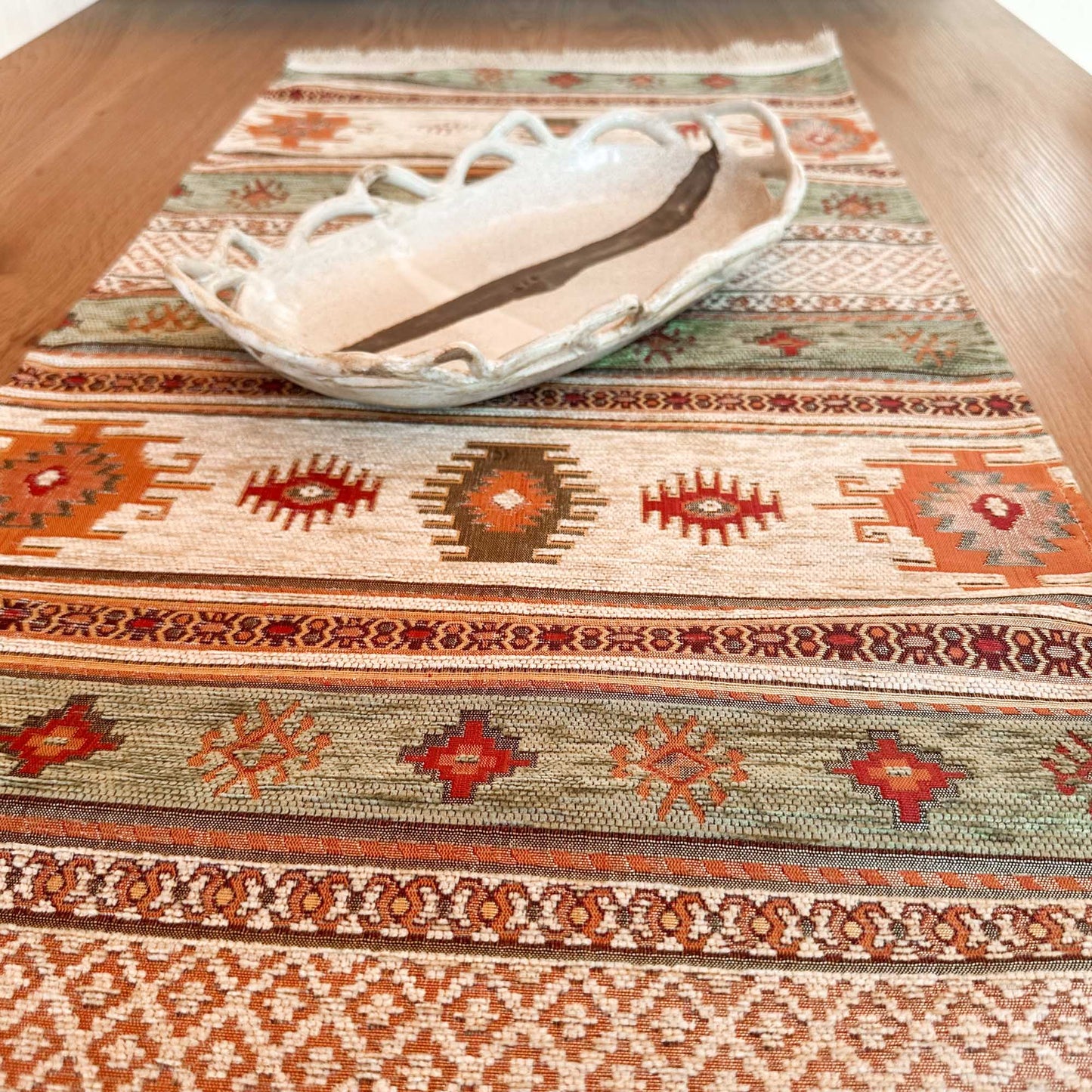 Camino de mesa 1 m Kilim beige y verde claro