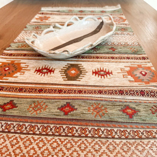 Camino de mesa 1 m Kilim beige y verde claro