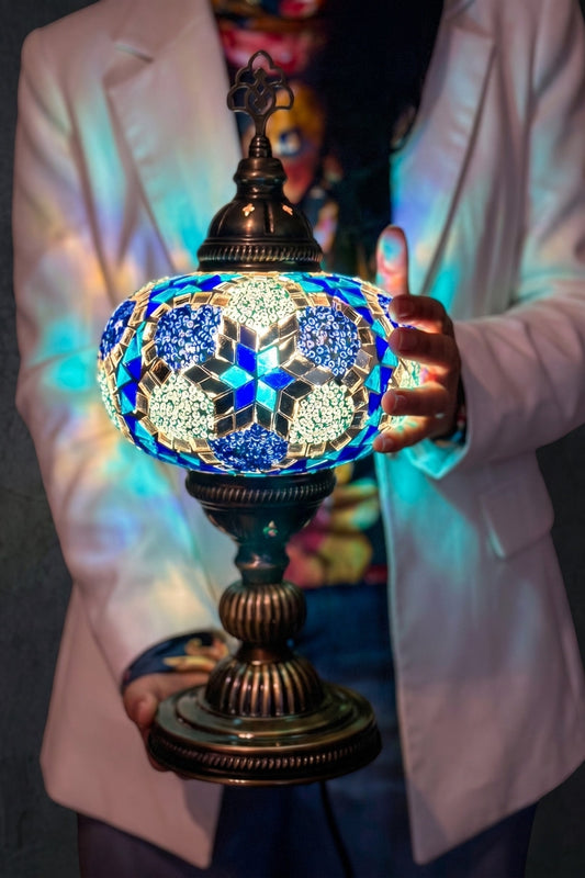 Lámpara turca de mesa L prisma azul + ampolleta
