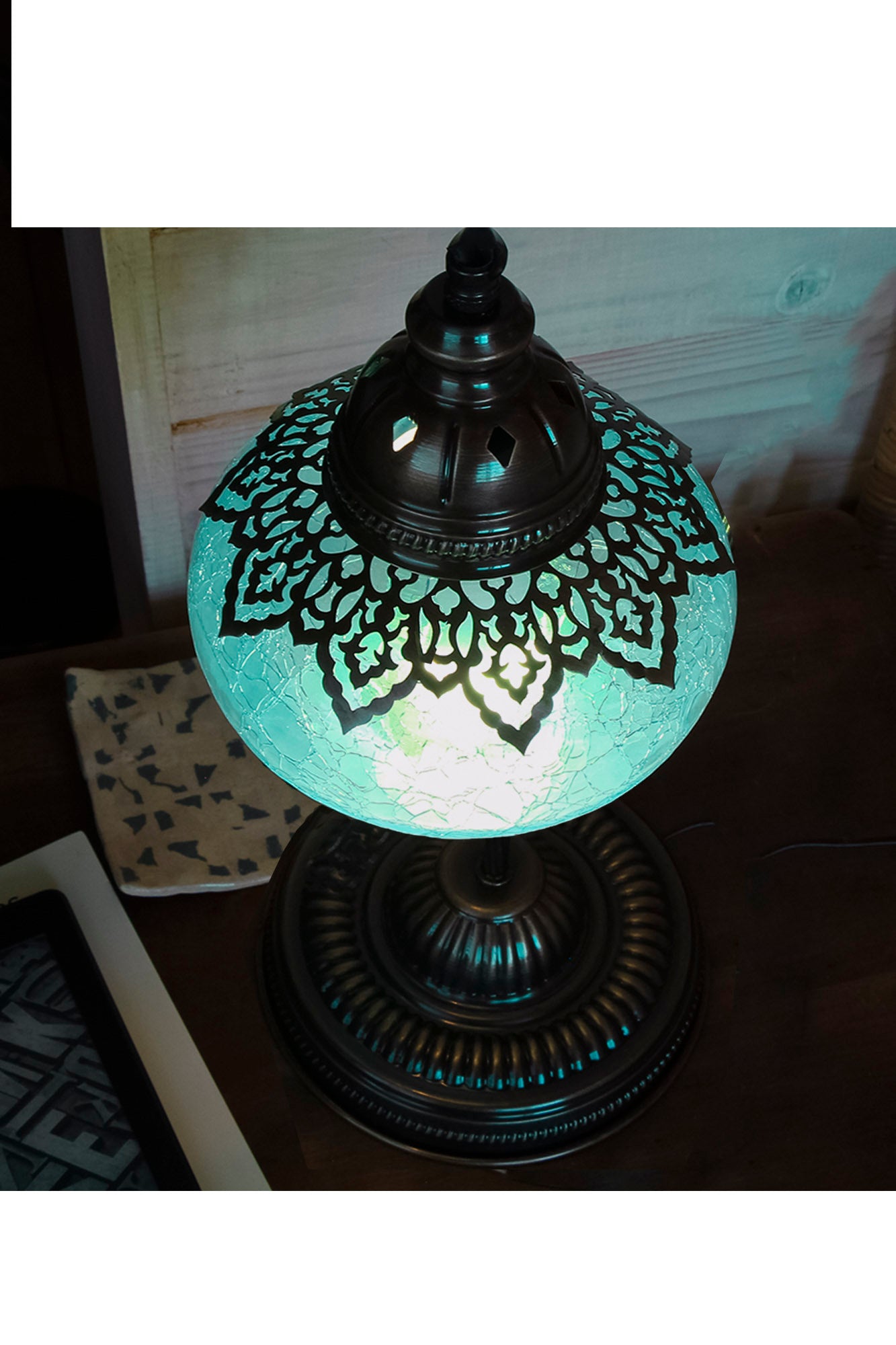 Lámpara turca de mesa M craquelada turquesa + ampolleta