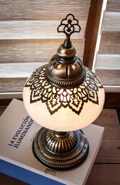 Lámpara turca de mesa M craquelada blanca + ampolleta