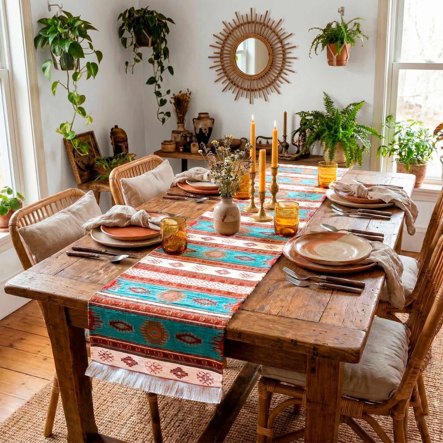 Camino de mesa 1,40 m kilim beige y celeste