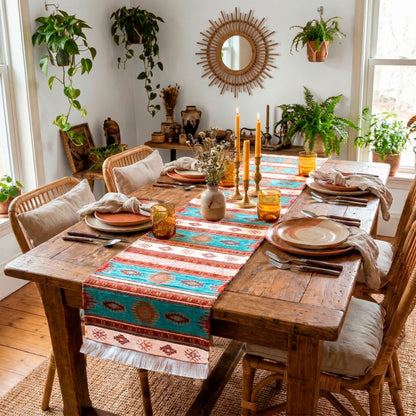 Camino de mesa 1,40 m kilim beige y celeste
