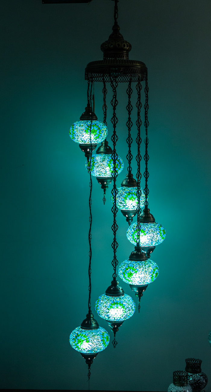 Lámpara turca colgante de 7 esferas verde y turquesa M