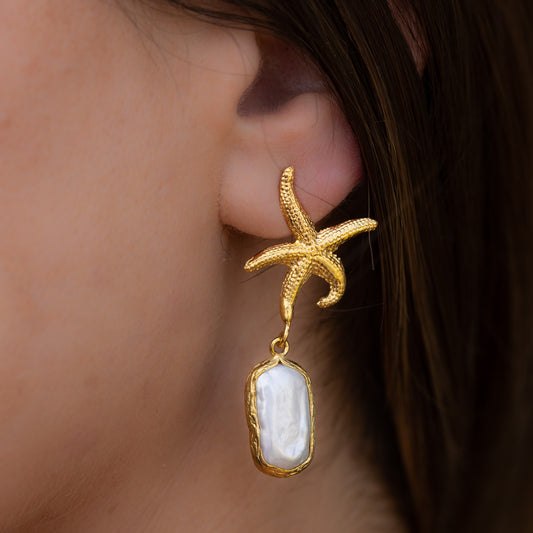 Aros Yildiz perla - Baño de oro 22k